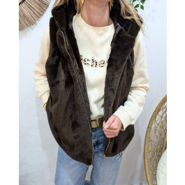 Veste sans manche femme à capuche fausse fourrure-Marron