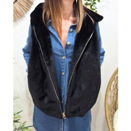 Veste sans manche femme à capuche fausse fourrure-Noir