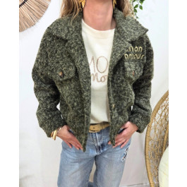 Veste femme boutonnée broderie mon amour dorée-Kaki