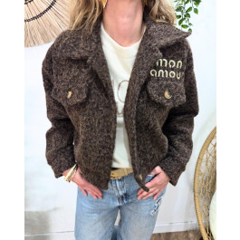 Veste femme boutonnée broderie mon amour dorée-Marron