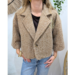 Veste femme boutonnée manches courtes broderie oeil palmier-Camel