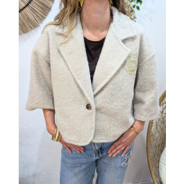 Veste femme boutonnée manches courtes broderie oeil palmier-Ecru
