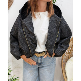 Veste femme chinée à capuche velours Eulalie-Noir
