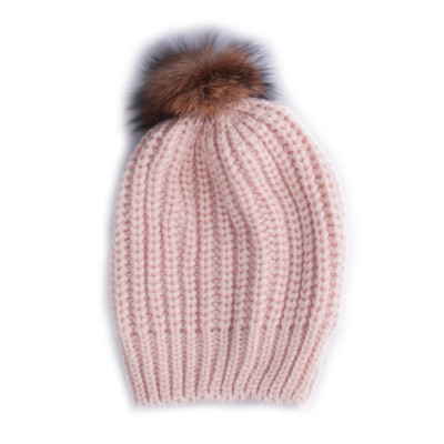 Bonnet Torsadia rose et pompon marron