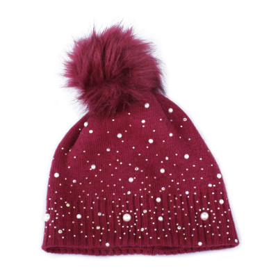 Bonnet rouge bordeaux à pompon perles et strass