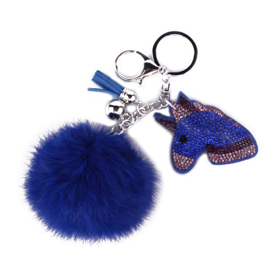 Porte-clés pompon bleu electrique licorne Emoji strass mauves roses