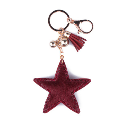 Porte-clés étoile à poils et strass rouge bordeaux