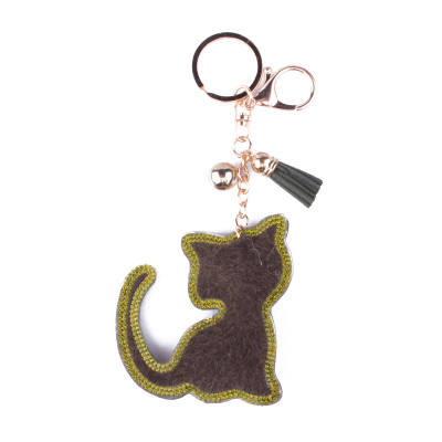 Porte-clés chat à poils et strass vert kaki