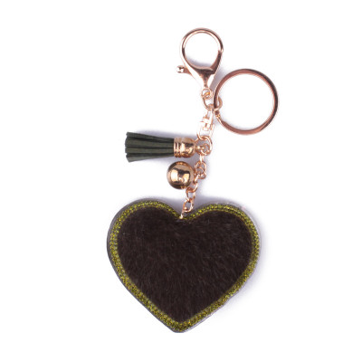 Porte-clés cœur à poils et strass vert kaki