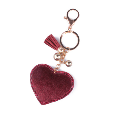 Porte-clés cœur à poils et strass rouge bordeaux