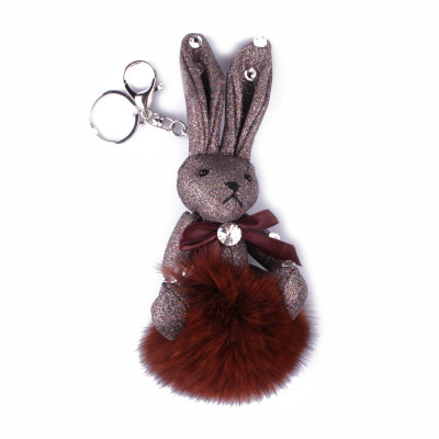 Porte-clés peluche lapin pailleté et son pompon marron