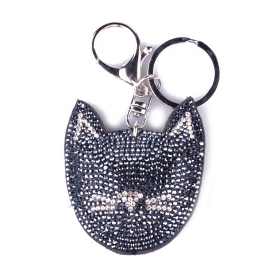 Porte-clés tête de chat à strass bleus et argent