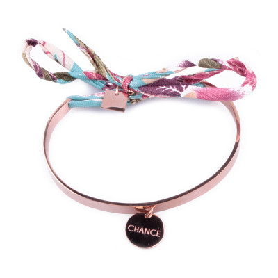 Bracelet MYLE MYLA jonc acier inoxydable cuivré Chance tissu turquoise rose mauve