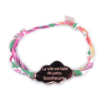 Bracelet réglable Nuage « La vie est faite de petits bonheurs » acier cuivré tissu rose fleuri jaune vert et blanc