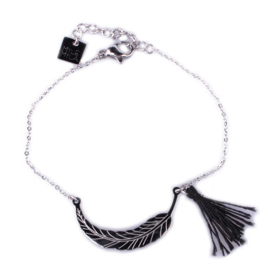 Bracelet MILE MILA acier argent plume et pompon noir