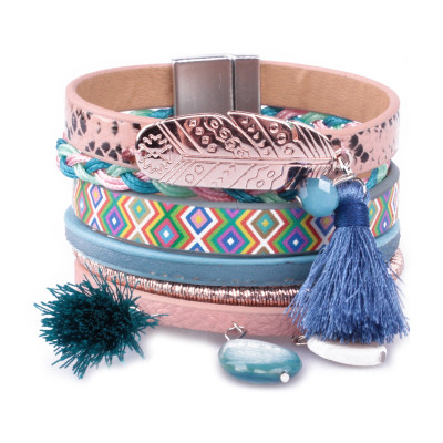 Bracelet manchette LOL rose bleu multicolore plume cuivrée