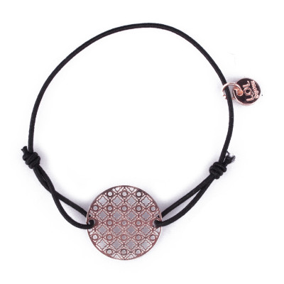 Bracelet LOL élastique noir rosace quadrillée filigrane cuivrée