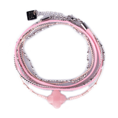 Bracelet acier MILE MILA double tour rose et argent perle trèfle rose