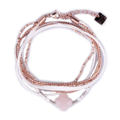 Bracelet acier MILE MILA double tour blanc et cuivré perle trèfle rose