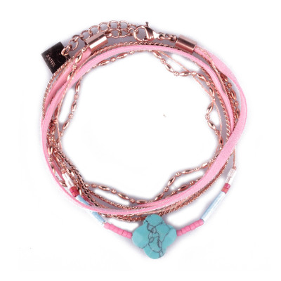 Bracelet acier MILE MILA double tour rose bleu et cuivré perle trèfle turquoise