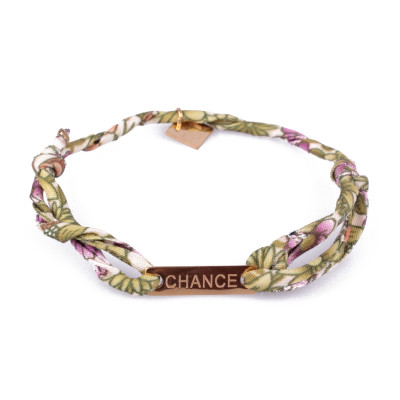 Bracelet réglable MILE MILA « Chance » acier doré tissu vert blanc mauve