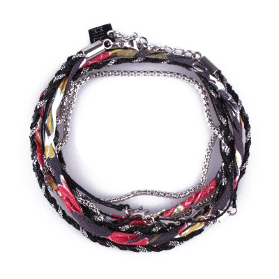 Bracelet multirangs MILE MILA tresse noire tissu multicolore étoiles acier argent