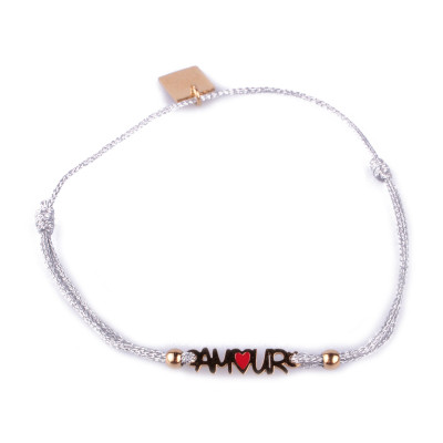 Bracelet fin réglable MILE MILA Amour acier doré et tissu argent 