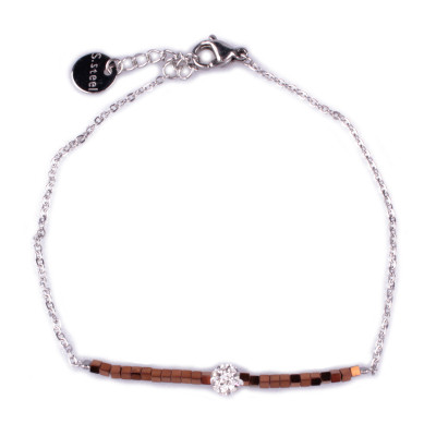 Bracelet fin acier argent perles cuivrées et boule blanche strass