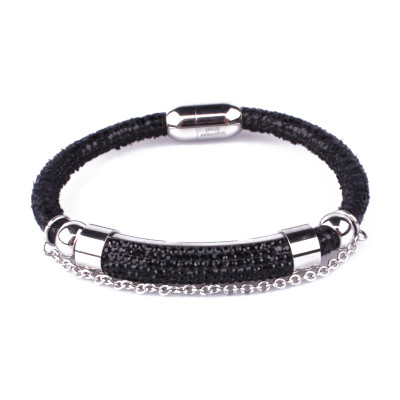 Bracelet noir tube acier argent à strass noirs