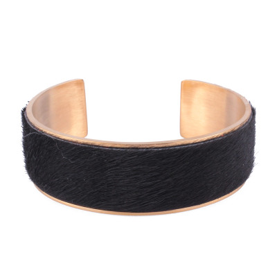 Bracelet jonc large acier doré fausse fourrure noire