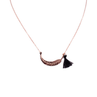 Collier MILE MILA acier cuivré plume et pompon noir