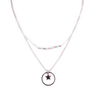 Collier acier argent MYLE MYLA étoile cerclée perles multicolores