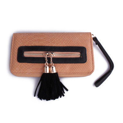 Portefeuille pochette camel croco pompons noirs