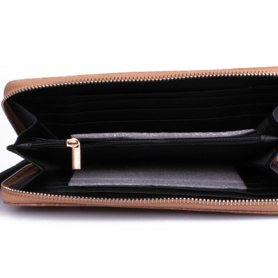 Portefeuille pochette camel croco pompons noirs