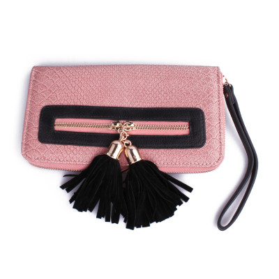 Portefeuille pochette rose croco pompons noirs