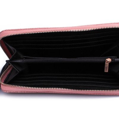 Portefeuille pochette rose croco pompons noirs