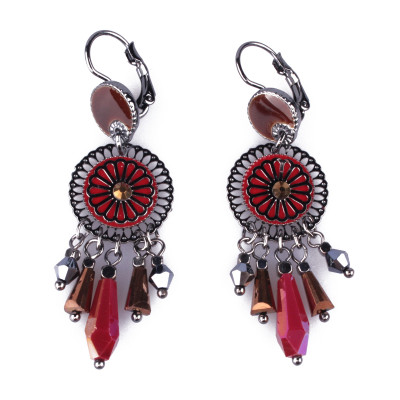 Boucles d'oreilles Lolilota Rosace rouge médaillon marron et perles cuivrées