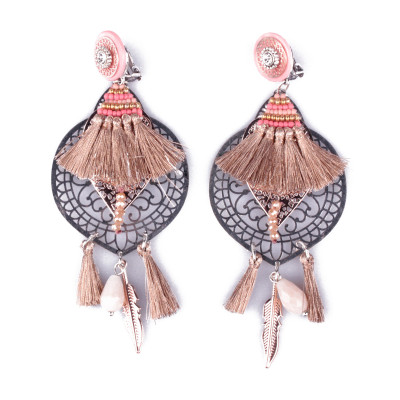 Boucles d'oreilles LOL à clips Arabesque filigrane argent perles roses et pompons cuivrés