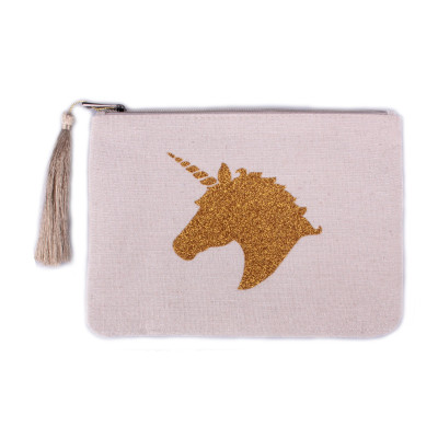 Pochette LOL 21.5 cm beige pailletée Licorne dorée et pompon