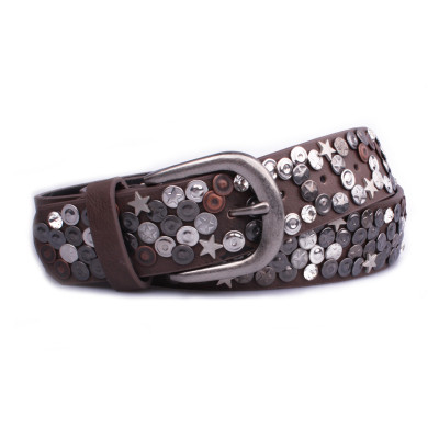 Ceinture marron clous étoilés gris argent et cuivre 95 cm