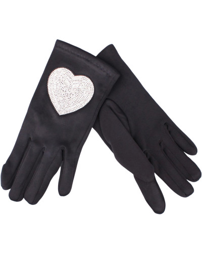 Gants noirs cœur strass argent