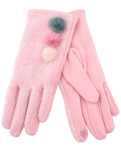 Gants roses pilou pompons rose beige vert