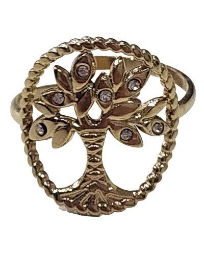 Bague femme arbre de vie acier doré et strass