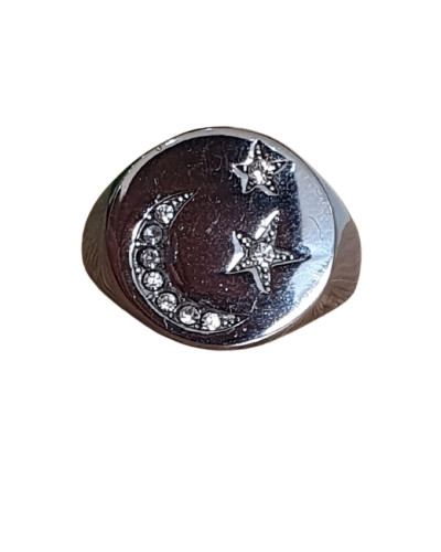 Bague femme acier argenté chevalière lune etoiles strass