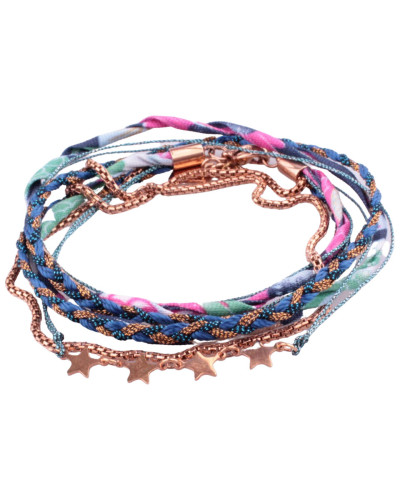 Bracelet multirangs MILE MILA tresse bleue cuivrée tissu multicolore étoiles acier cuivré