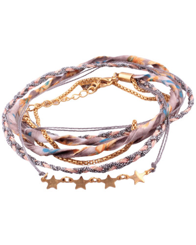 Bracelet multirangs MILE MILA tresse grise corail tissu multicolore étoiles acier doré