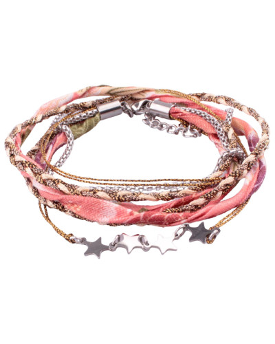 Bracelet multirangs MILE MILA tresse dorée tissu corail multicolore étoiles acier argent