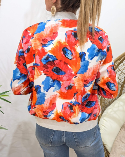Bombers femme grosses fleurs orangées roses et bleues Rosaline