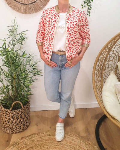 Bombers femme écru fleurs rouges Harmonie