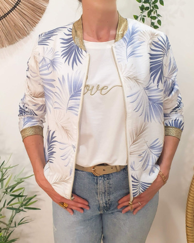 Bombers femme écru feuillages bleus et beiges Ombelline